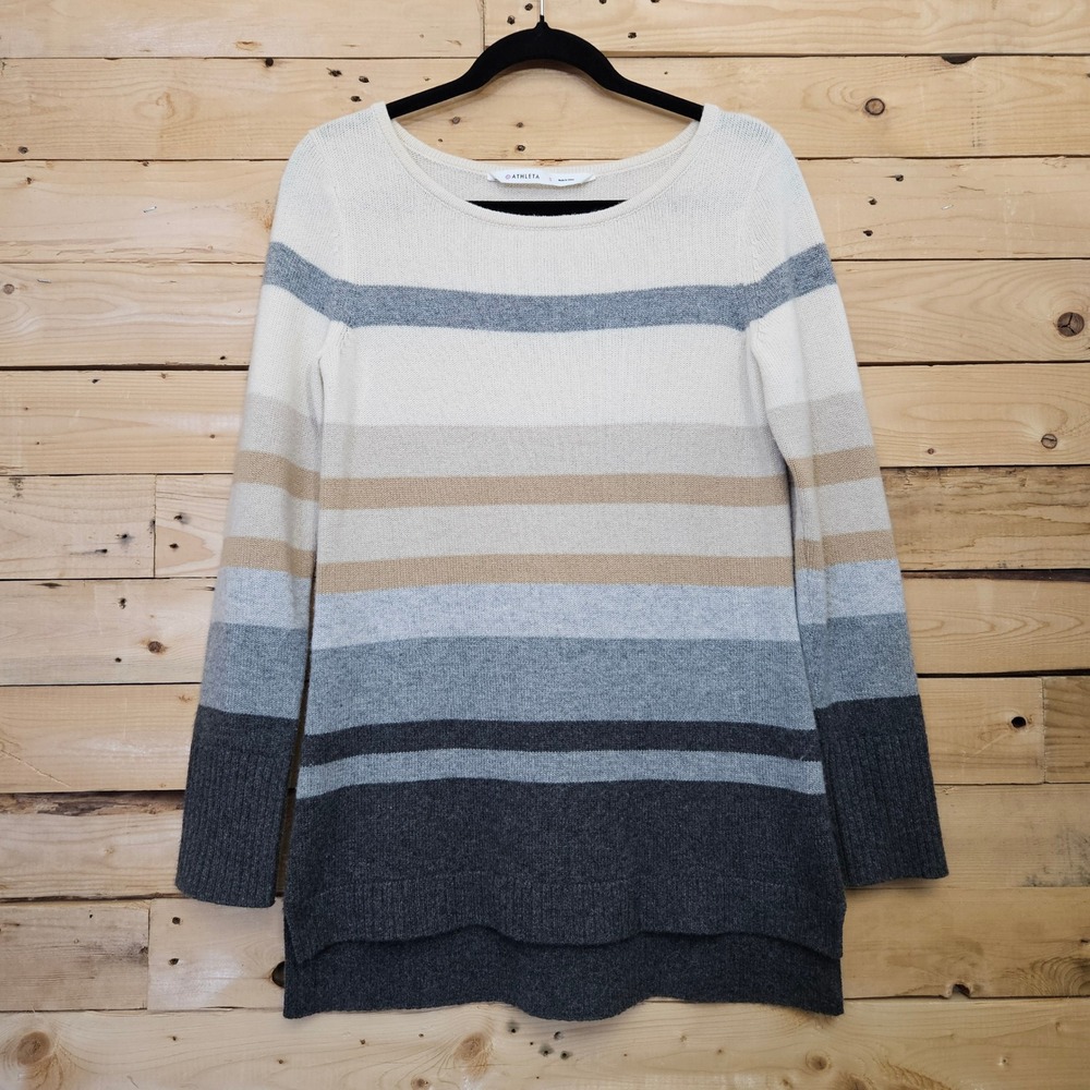 Athleta‎ Womens 100% Cashmere Lodge Striped Sweater Grey Tan Cream Small